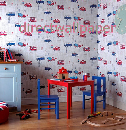 White Wallpaper Red and Blue Street Scene pattern featuring VW Camper Van 